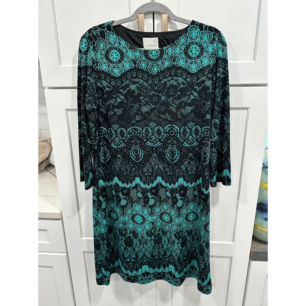 Donna Morgan Womens Black Teal Faux Lace Medallion Print Sheath Dress Size 12